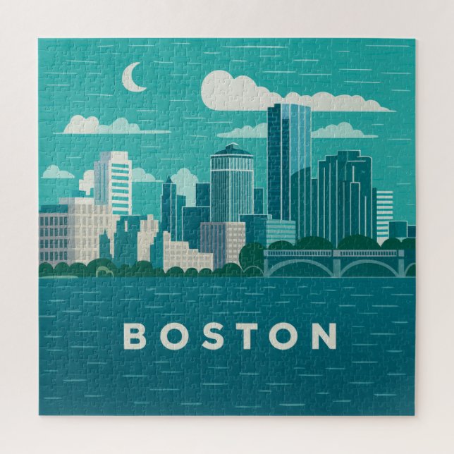 Massachusetts Night Cityscape | Boston City Puzzle (Vertikal)