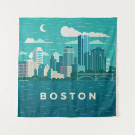 Massachusetts Night Cityscape | Boston City Wandteppich