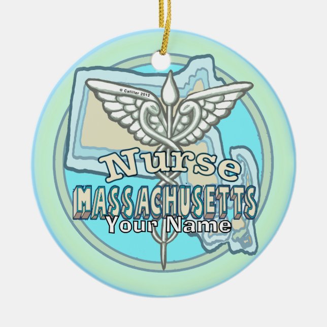 Massachusetts Nurse Caduceus Keramik Ornament (Vorne)