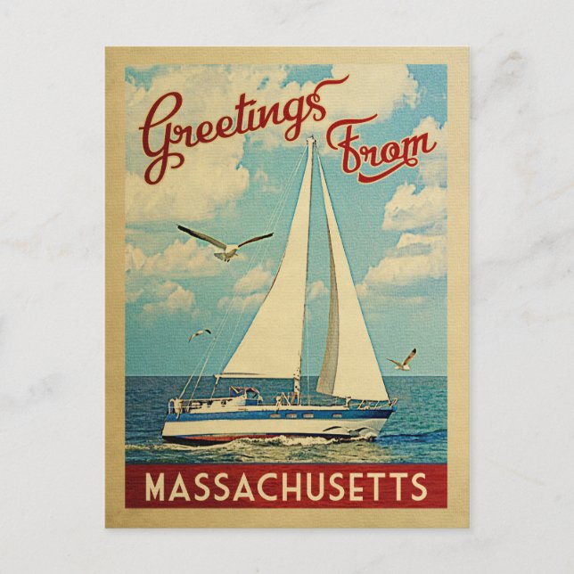 Massachusetts Postcard Sailboat Vintage Reise Postkarte (Vorderseite)