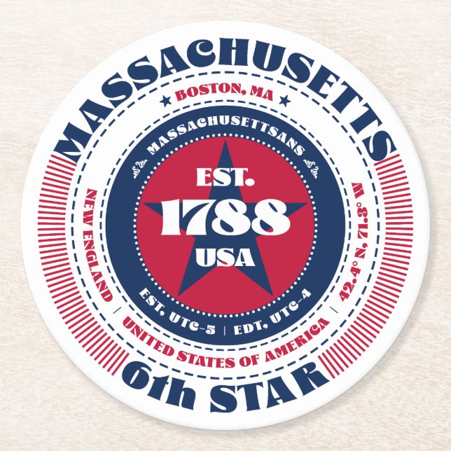 Massachusetts Red White Blue Typografie Runder Pappuntersetzer (Vorderseite)