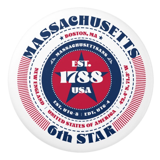 Massachusetts US Staat Red White Blue Typografy Keramikknauf (Vorderseite)