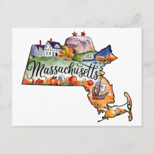 Massachusetts USA Bundesstaat im Vintage-Wasserfar Postkarte