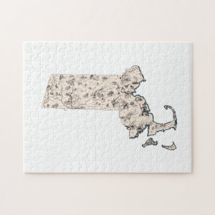 Massachusetts Vintage-Bildkarte in Form des Bundes Puzzle