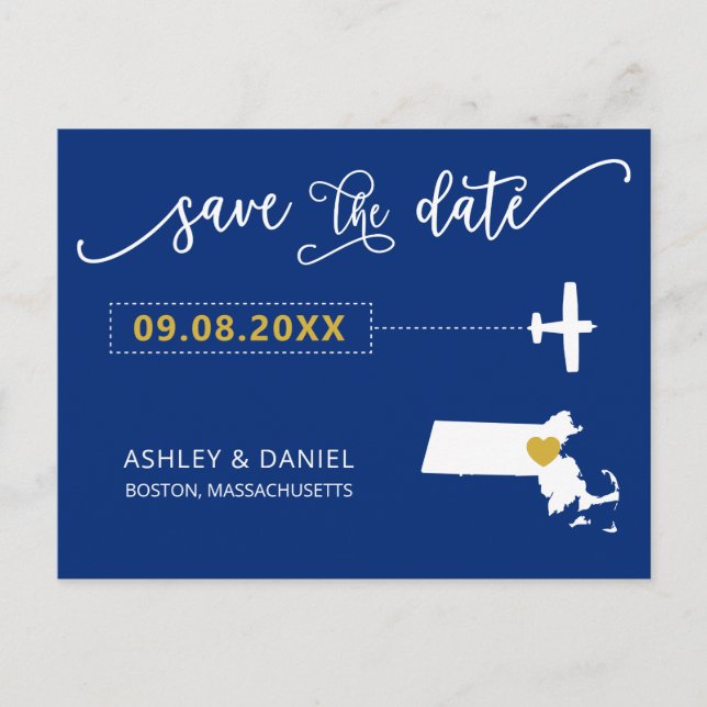 Massachusetts Wedding Save the Date Map Postcard Postkarte (Vorderseite)