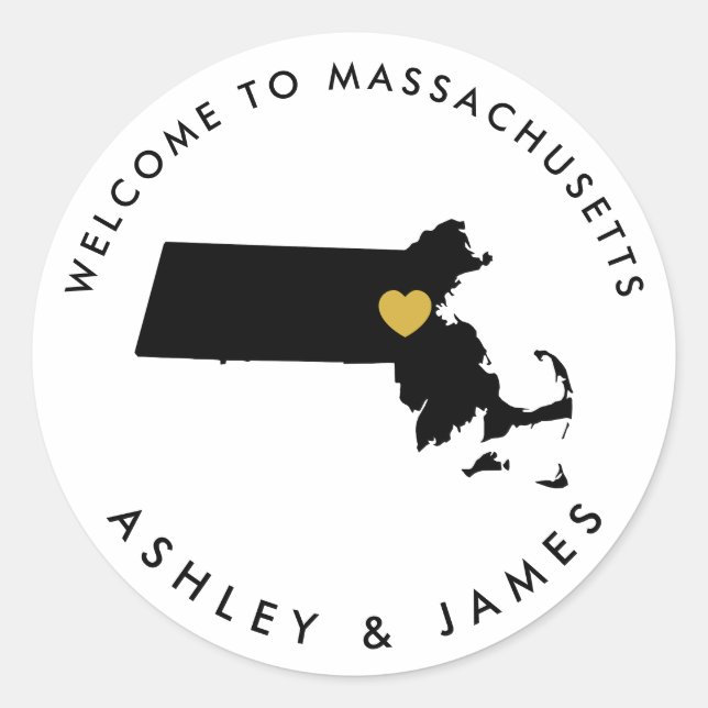 Massachusetts Wedding Welcome Sticker Tag, Schwarz (Vorderseite)