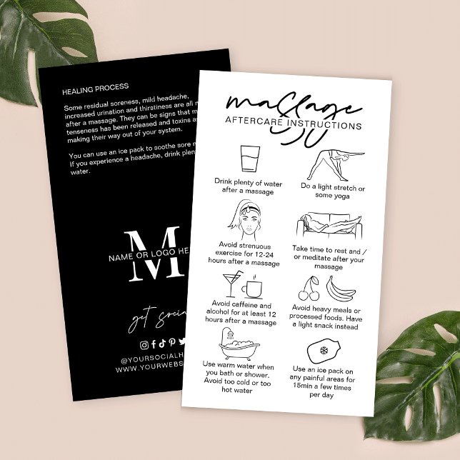 Massage Aftercare Instruktion Minimalistisch Masse Visitenkarte (Massage aftercare cards in modern black and white design with care icons and contact details)