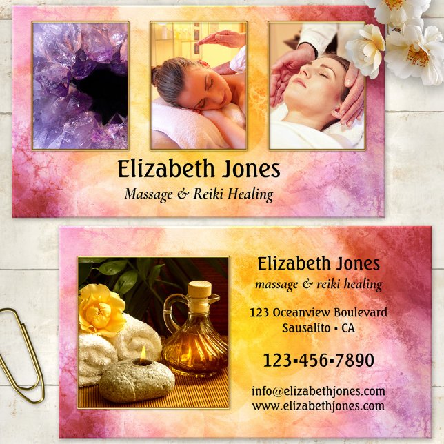 Massage Reiki Healing Foto Business Card Visitenkarte (Business card featuring your photos framed by an abstract artistic ocher purple background)
