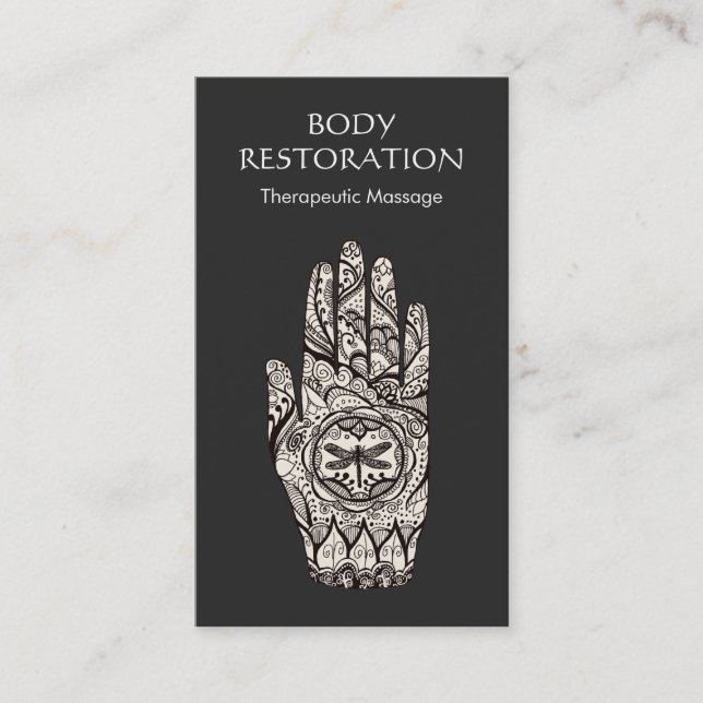Massage Therapeut Logo Henna Dragonfly Tattoo Hand Visitenkarte (Vorderseite)