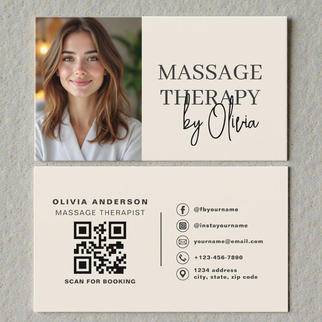Massage-Therapeut QR-Code in neutralem Beige Visitenkarte (Von Creator hochgeladen)