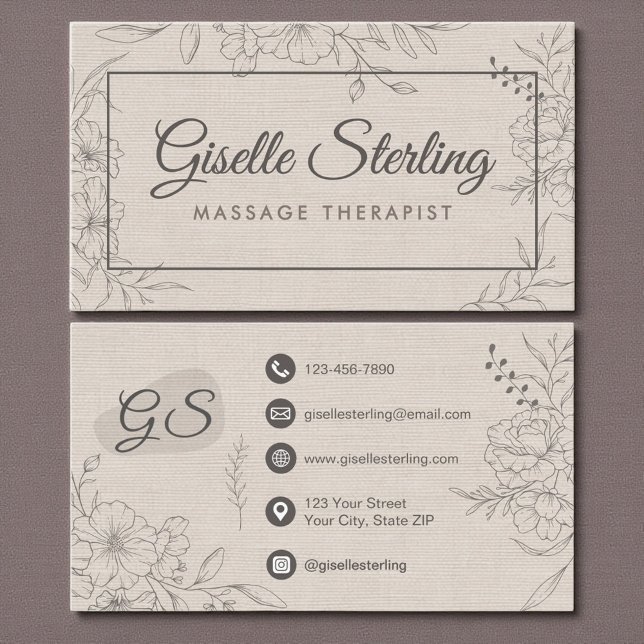 Massage Therapist Beige Linen Floral Line Art Visitenkarte (Von Creator hochgeladen)