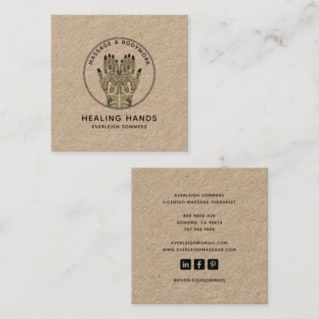 Massage Therapist Body Work Mehndi Henna Kraft Quadratische Visitenkarte (Vorne/Hinten)