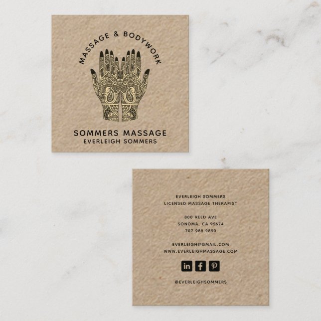 Massage Therapist Body Work Mehndi Henna Kraft Squ Quadratische Visitenkarte (Vorne/Hinten)