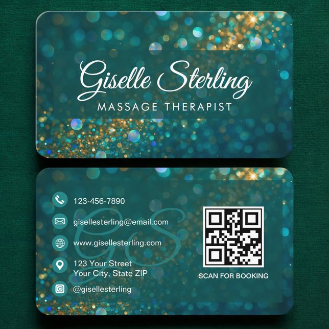 Massage Therapist Green Gold QR Code Visitenkarte (Von Creator hochgeladen)