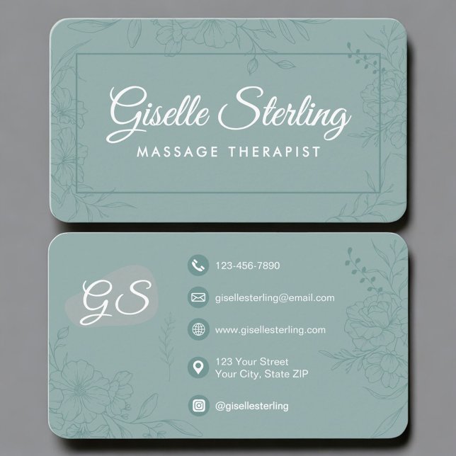 Massage Therapist Green Teal Floral  Visitenkarte (Von Creator hochgeladen)