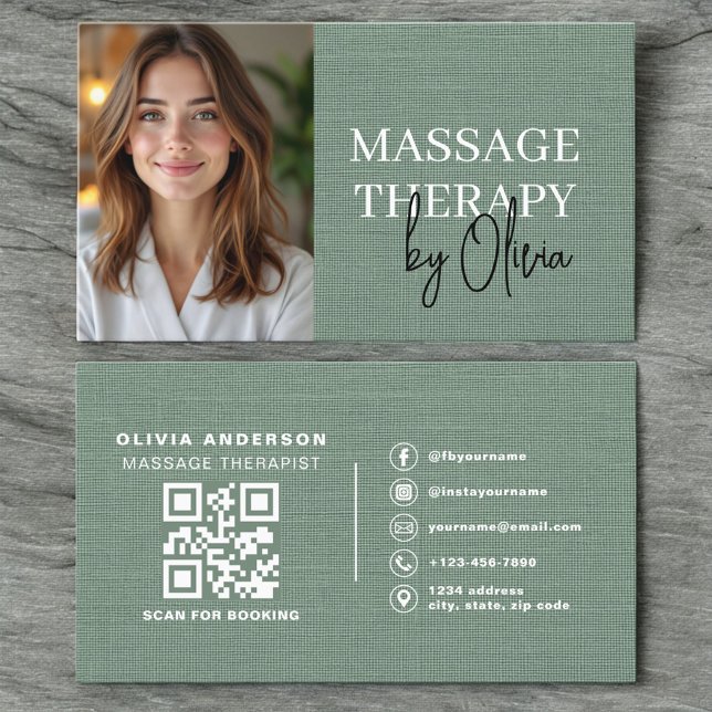 Massage Therapist Photo Linen Sage Green  Visitenkarte (Von Creator hochgeladen)