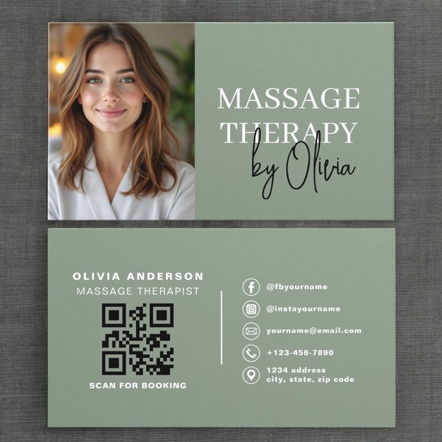 Massage Therapist Photo Luxury Sage Green  Visitenkarte (Von Creator hochgeladen)