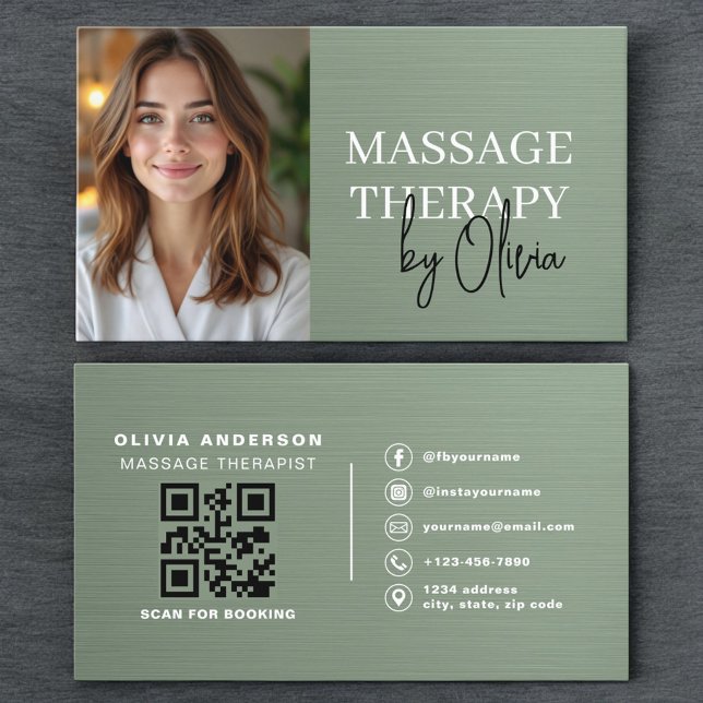 Massage Therapist Photo Metallic Sage Green  Visitenkarte (Von Creator hochgeladen)