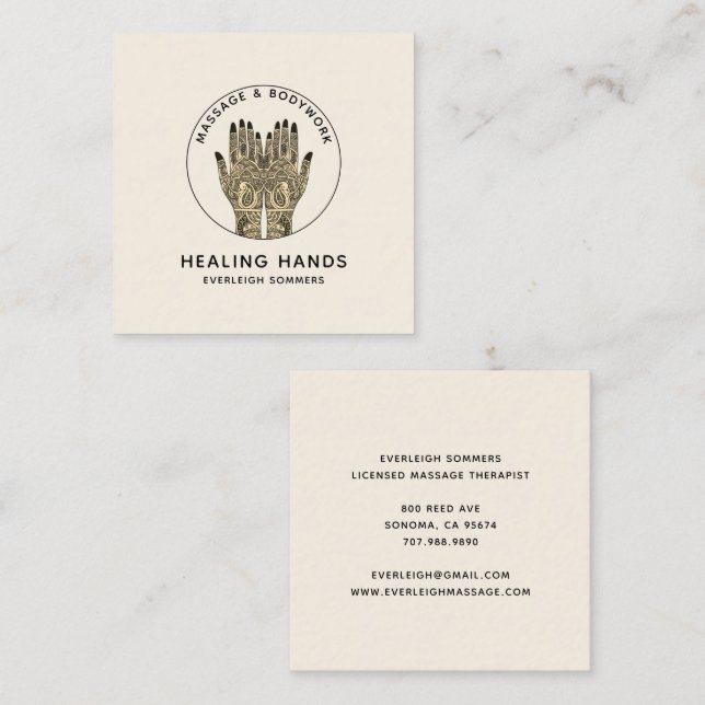 Massage Therapy Classic Cream Business Card Quadratische Visitenkarte (Vorne/Hinten)