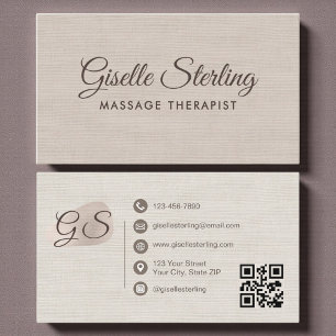 Massagetherapeut Beige Leinen Eleganter QR-Code Visitenkarte