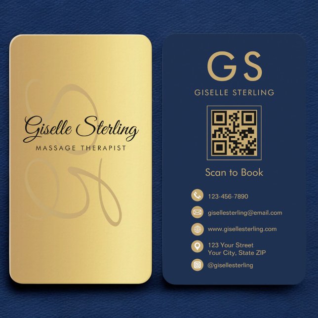 Massagetherapeut Navy Blue Gold QR Code Monogram Visitenkarte (Von Creator hochgeladen)
