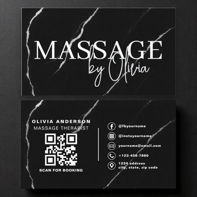 Massagetherapeut QR Code Silver Black Marble Visitenkarte (Von Creator hochgeladen)