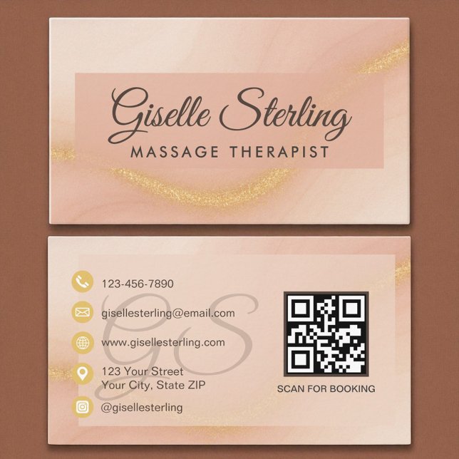 Massagetherapeut Wasserfarbe Gold Monogram QR Code Visitenkarte (Von Creator hochgeladen)