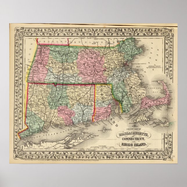 Masse, Conn, RI Karte von Mitchell Poster (Vorne)