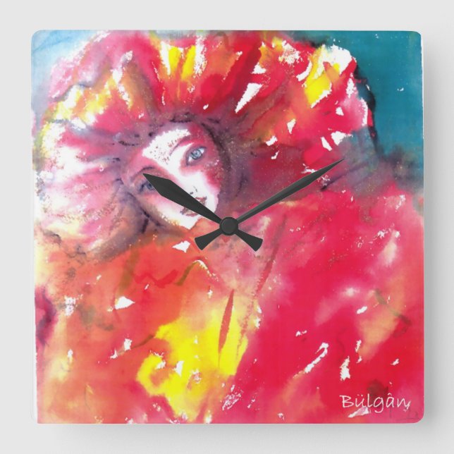 MASSE IN RED / Venezianisch Masquerade Ball, gelb Quadratische Wanduhr (Vorderseite)