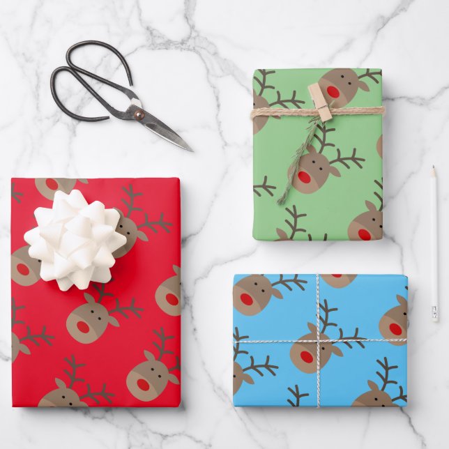Maßgebliche Farbe Rudolf der Rentiere Cartoon Weih Geschenkpapier Set (Vorderseite)