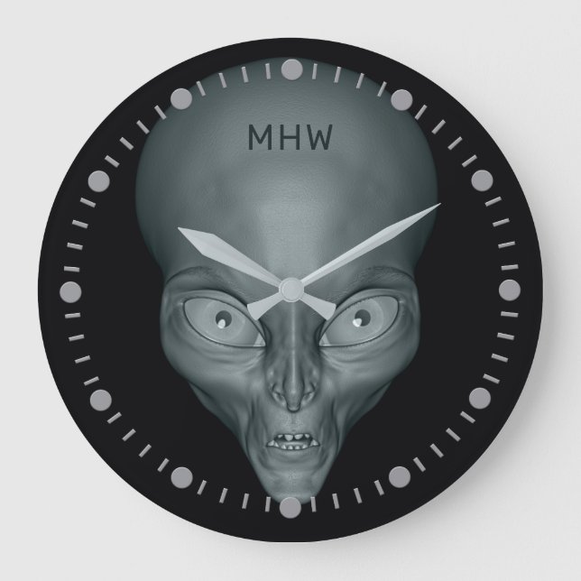 Maßgeschneiderte Alien-Wanduhren aus UFO-Monogramm Große Wanduhr (Vorderseite)