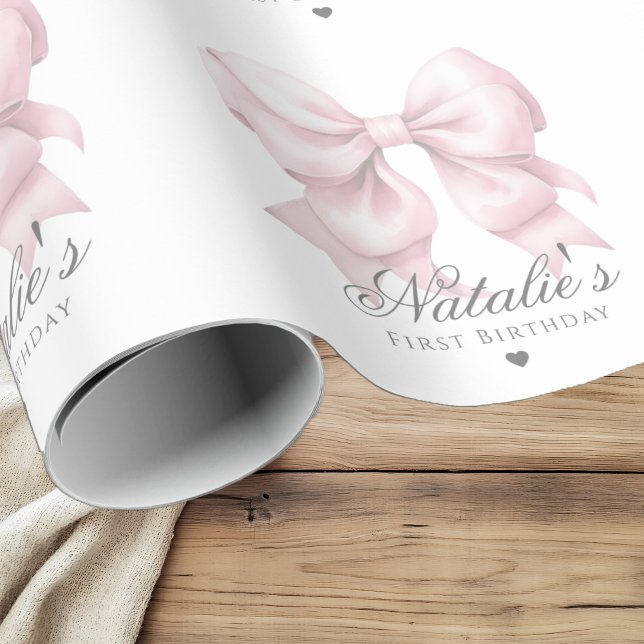 Maßgeschneiderte Aquarellfarbe Rosa Bow 1. Geburts Geschenkpapier (Von Creator hochgeladen)