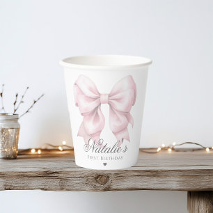 Maßgeschneiderte Aquarellfarbe Rosa Bow 1. Geburts Pappbecher