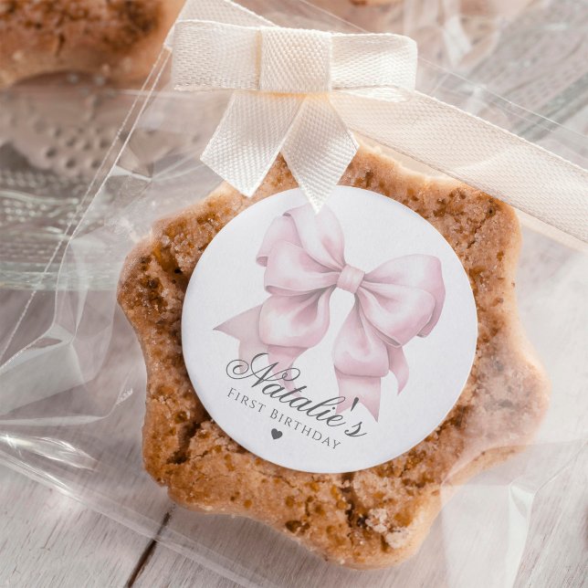 Maßgeschneiderte Aquarellfarbe Rosa Bow 1. Geburts Runder Aufkleber (Von Creator hochgeladen)