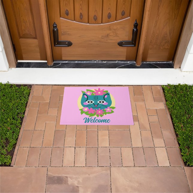 Maßgeschneiderte blaue Katze mit rosa Blume Türmat Fußmatte (Außenbereich)
