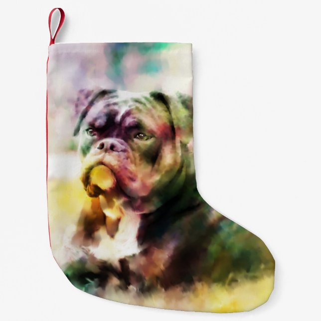 Maßgeschneiderte Bulldog Wasserfarbenlackierung Kleiner Weihnachtsstrumpf (Vorderseite)
