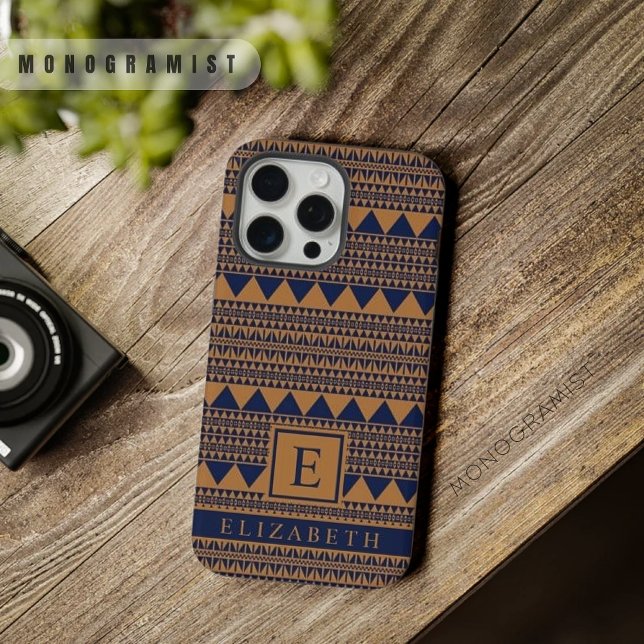 Maßgeschneiderte, dunkelbraune, blaue Azteken aus  iPhone Hülle (Customizable Copper Brown Dark Navy Blue Aztec iPhone Case)
