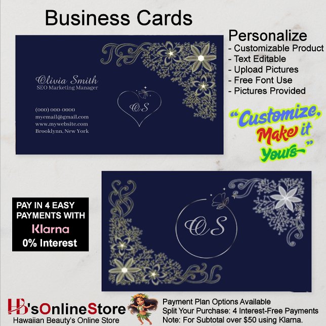Maßgeschneiderte elegante Visitenkarten für die Se Visitenkarte (Customizable Elegant Navy Floral Business Cards 9.)