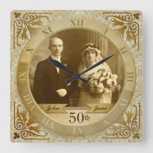 Maßgeschneiderte Foto Clock Gold Damask Roman Nume Quadratische Wanduhr