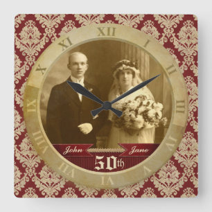 Maßgeschneiderte Foto Clock Red Damask Roman Numer Quadratische Wanduhr