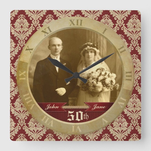 Maßgeschneiderte Foto Clock Red Damask Roman Numer Quadratische Wanduhr (Vorderseite)