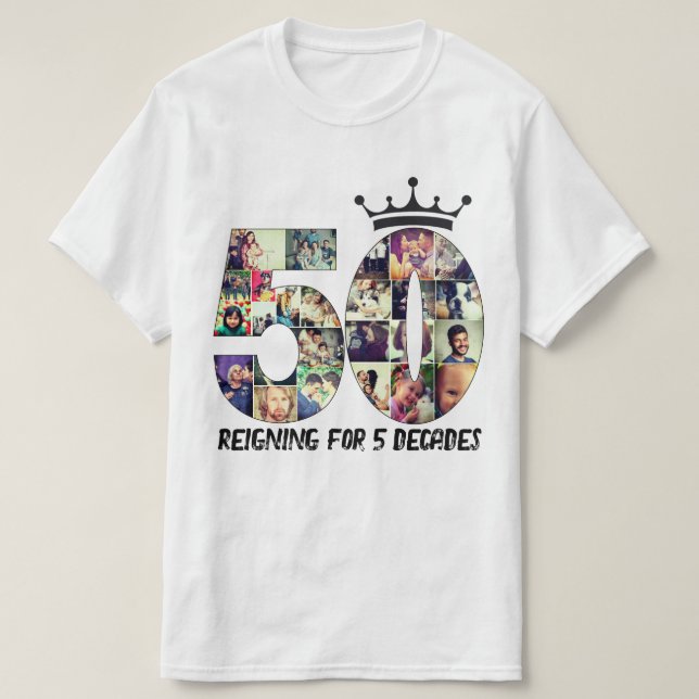 Maßgeschneiderte Foto-Zahlenkollage 50 Textkrone T-Shirt (Design vorne)