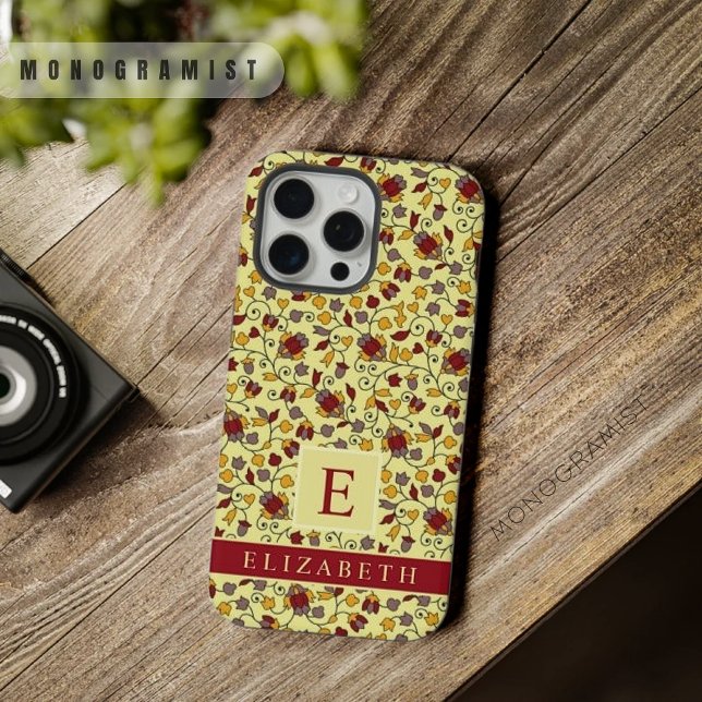 Maßgeschneiderte, hellgelbe, blumenrote graue Blum iPhone Hülle (Customizable Pale Yellow Floral Red Grey Flowers iPhone Case)