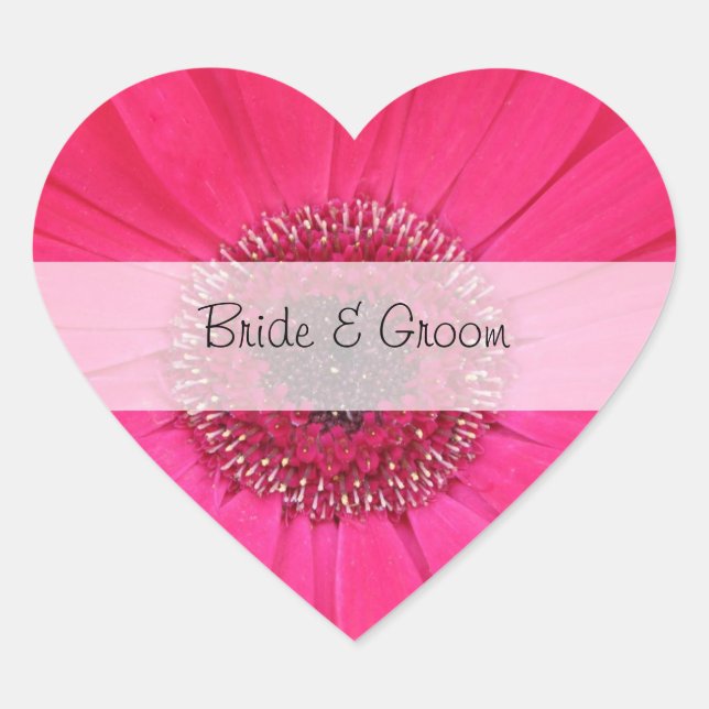 Maßgeschneiderte Hochzeitsticker - Rosa Gerbera Herz-Aufkleber (Vorderseite)