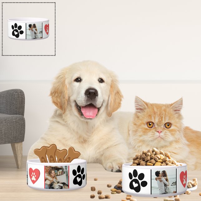 Maßgeschneiderte Katzenfoto-Sammelbox - Rot und Bl Napf (Customizable Cat Photo Collage Bowl - Red and Black Heart Paw Print Design )