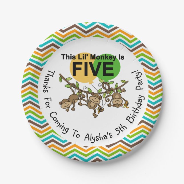 Maßgeschneiderte Kleine Affen 5th Birthday Paper T Pappteller (Vorderseite)