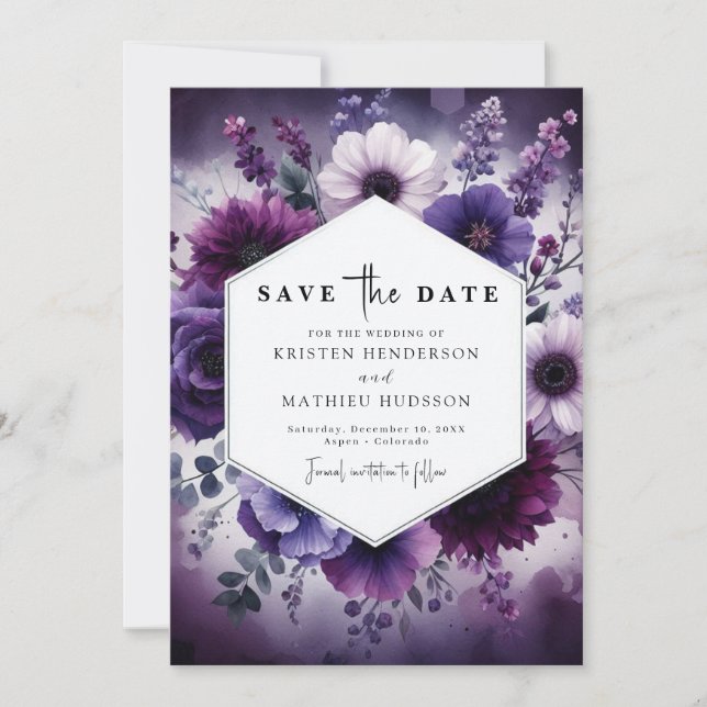 Maßgeschneiderte Lila Blumenhochzeit Save The Date (Vorderseite)