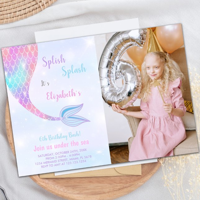 Maßgeschneiderte Mermaid-Party Einladungen für Kin (Splash Splish Mermaid Birthday Invitations w photo)