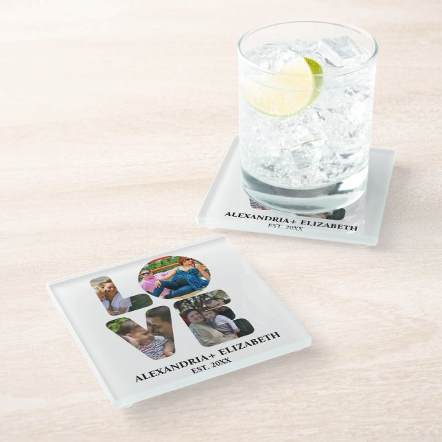 Maßgeschneiderte moderne Liebe 4 Foto Collage für  Glasuntersetzer (Schrägansicht)