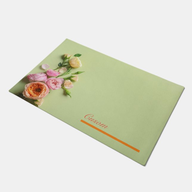 Maßgeschneiderte moderne rosa und grüne Blumen Fußmatte (Schrägansicht)
